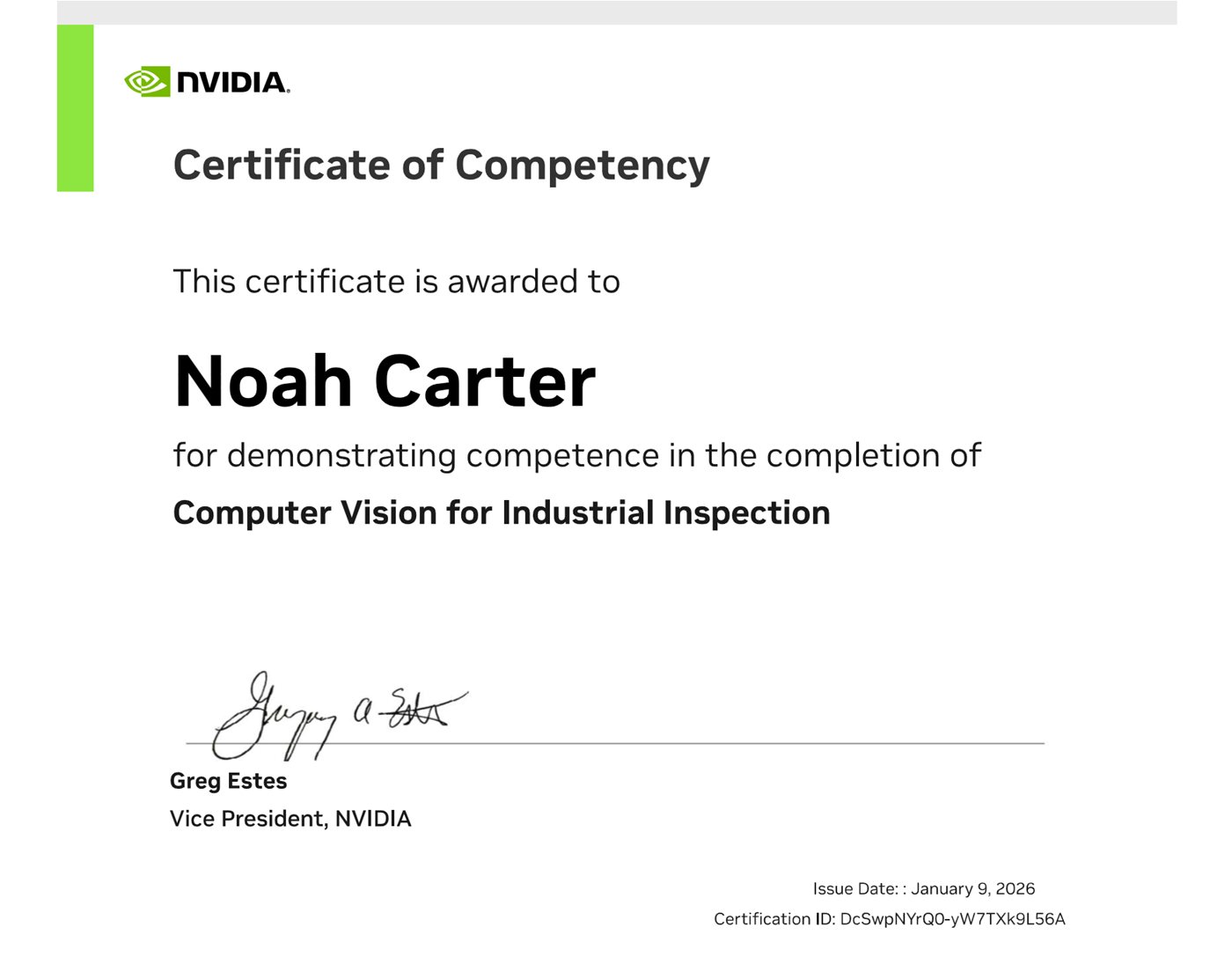 NVIDIA Computer Vision for Industrial Inspection certificate