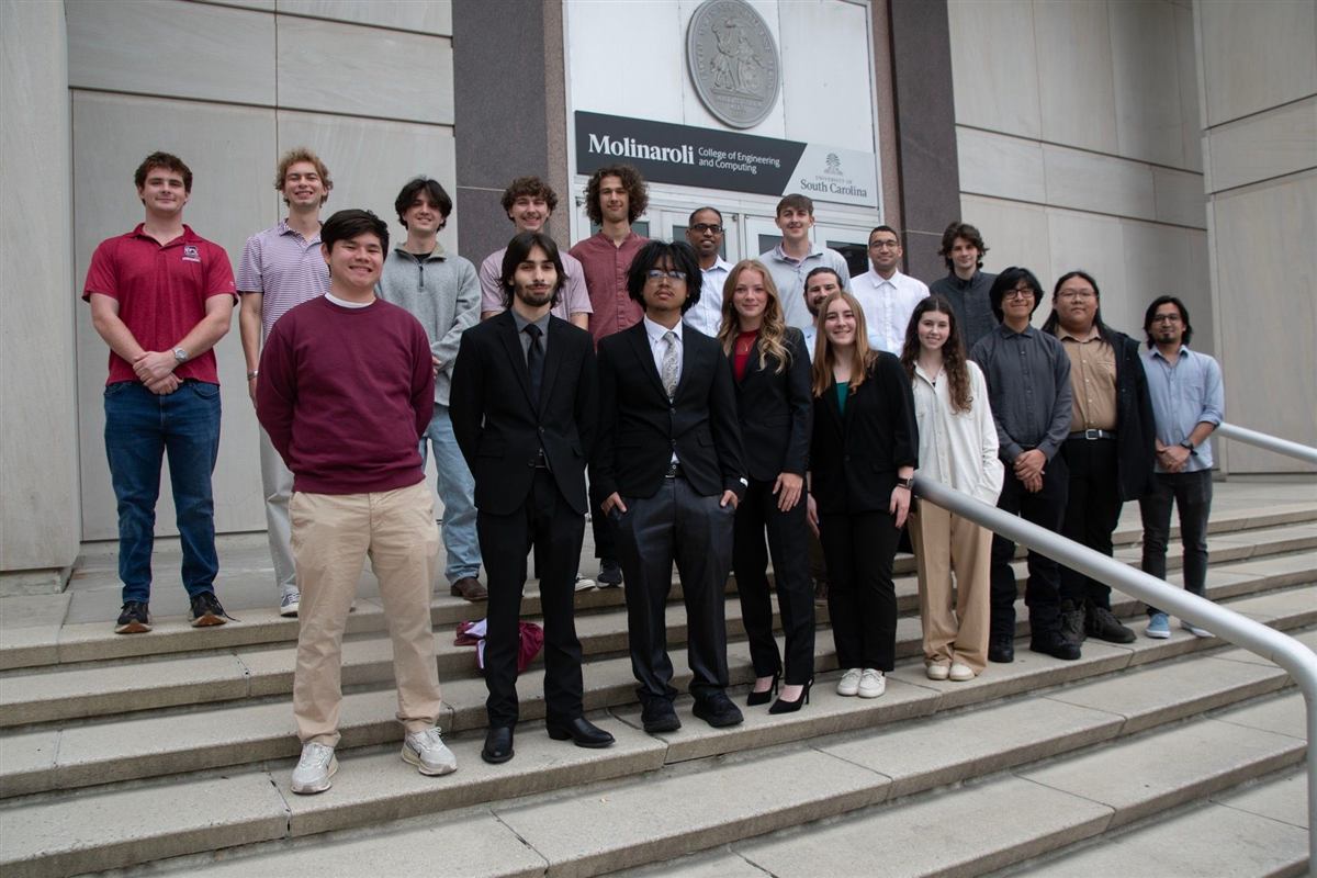 SAMPE members on the steps of the Molinaroli College of Engineering and Computing